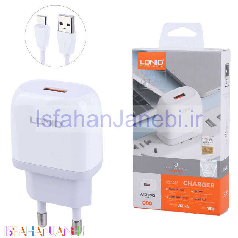اصفهان جانبی-شارژر دیواری 18 وات الدینیو A1209Q QC3.0 PD 3A + کابل تایپ سی