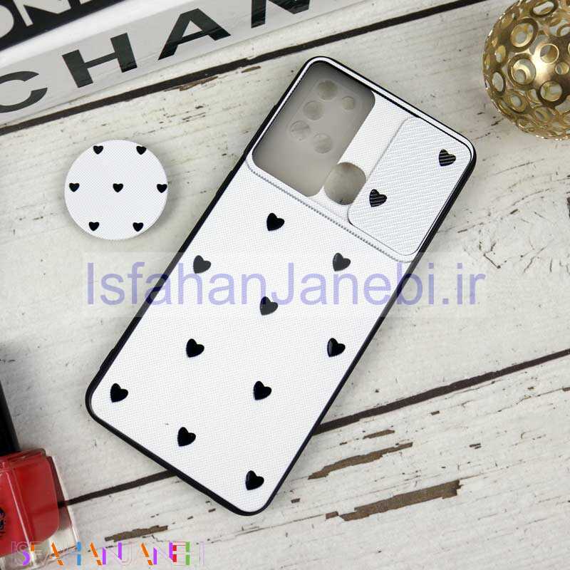 اصفهان جانبی-قاب طرحدار محافظ لنزدار کشویی + پاپ سوکت طرح قلب مشکی سامسونگ A21s سری B