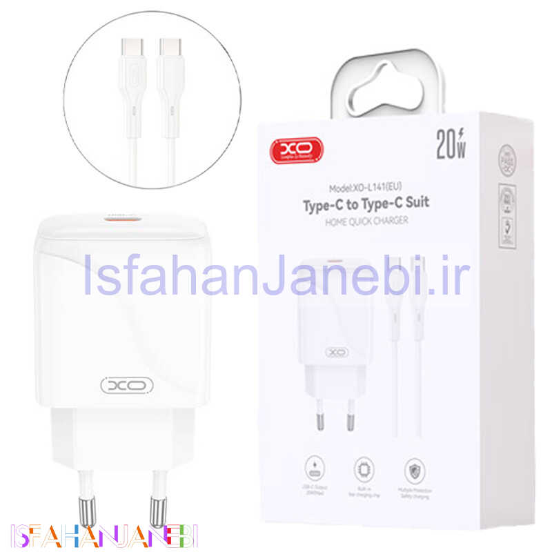 اصفهان جانبی-شارژر دیواری 20 وات ایکس او XO-L141 QC PD 3A + کابل تبدیل تایپ سی