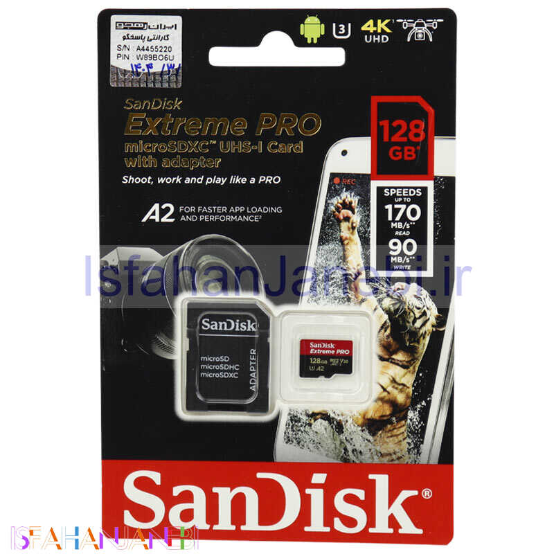 اصفهان جانبی-رم میکرو 128 گیگ سن دیسک SanDisk Extreme PRO V30 U3 A2 170MB/s + خشاب