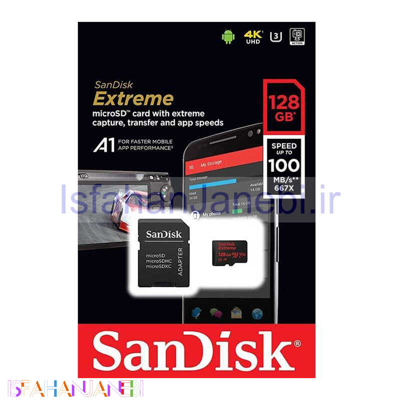 اصفهان جانبی-رم میکرو 128 گیگ سن دیسک SanDisk Extreme U3 A1 100MB/s + خشاب
