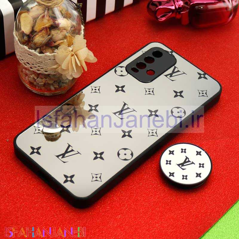 اصفهان جانبی-قاب محافظ لنزدار آینه ای + پاپ سوکت طرح LV مشکی Xiaomi Redmi 9T