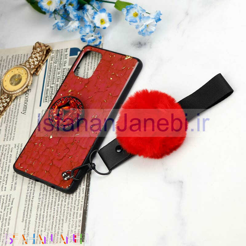 اصفهان جانبی-قاب ماربل طلایی پوم پوم دار + پاپ سوکت الماسی Samsung Galaxy A71