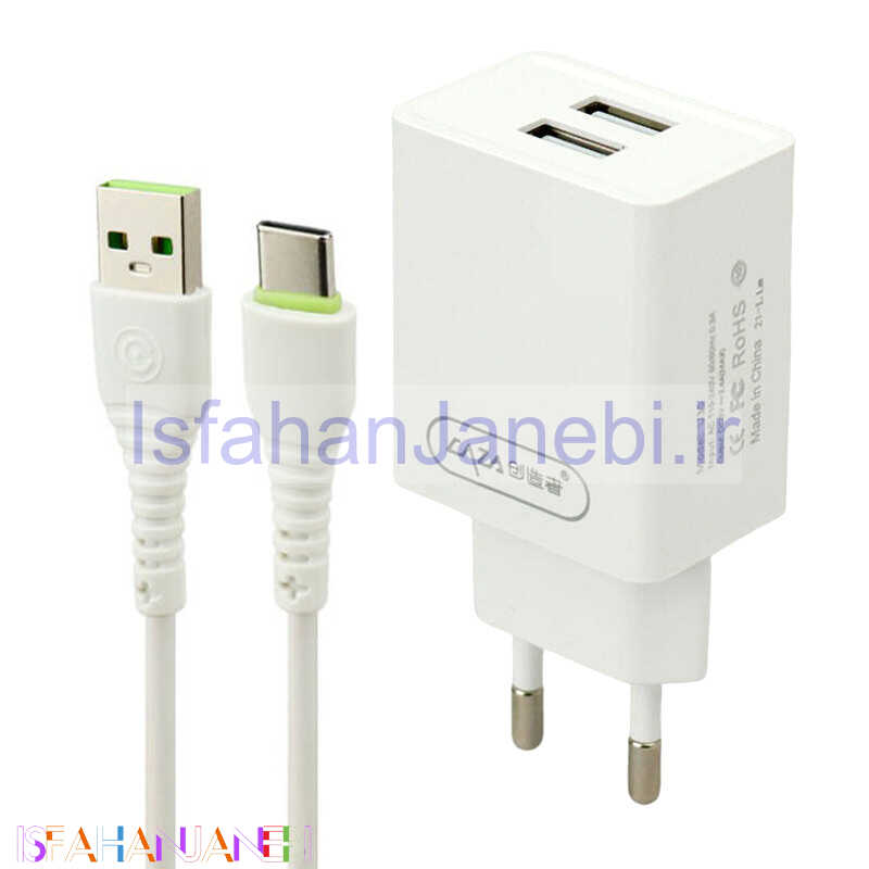 اصفهان جانبی-شارژر دیواری فست شارژ CAZA U30&KIT 2Port 2.4A + کابل تایپ سی