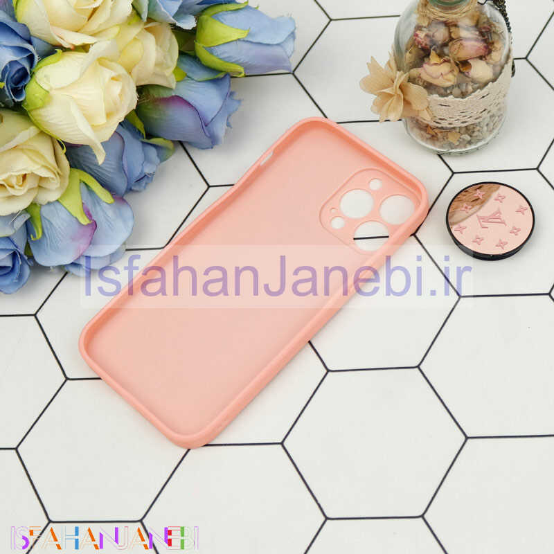 اصفهان جانبی-قاب محافظ لنزدار آینه ای + پاپ سوکت طرح LV صورتی iPhone 13 Pro Max