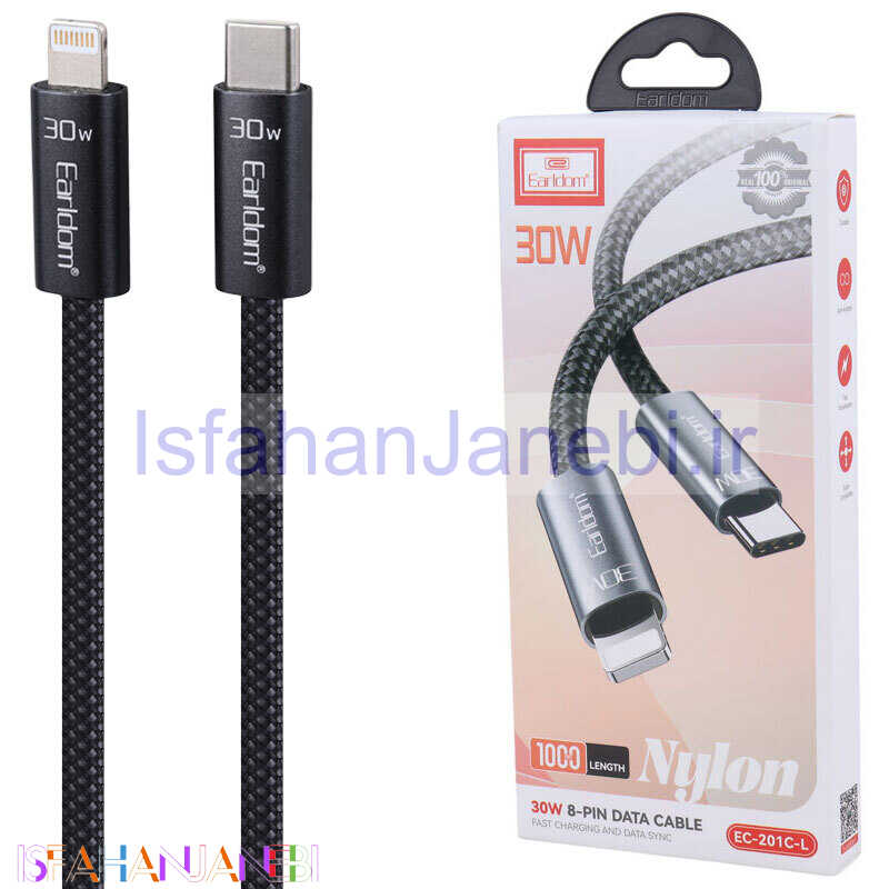 اصفهان جانبی-کابل تبدیل فست شارژ Earldom EC-201C-L Type-C TO Lightning QC 30W 1m