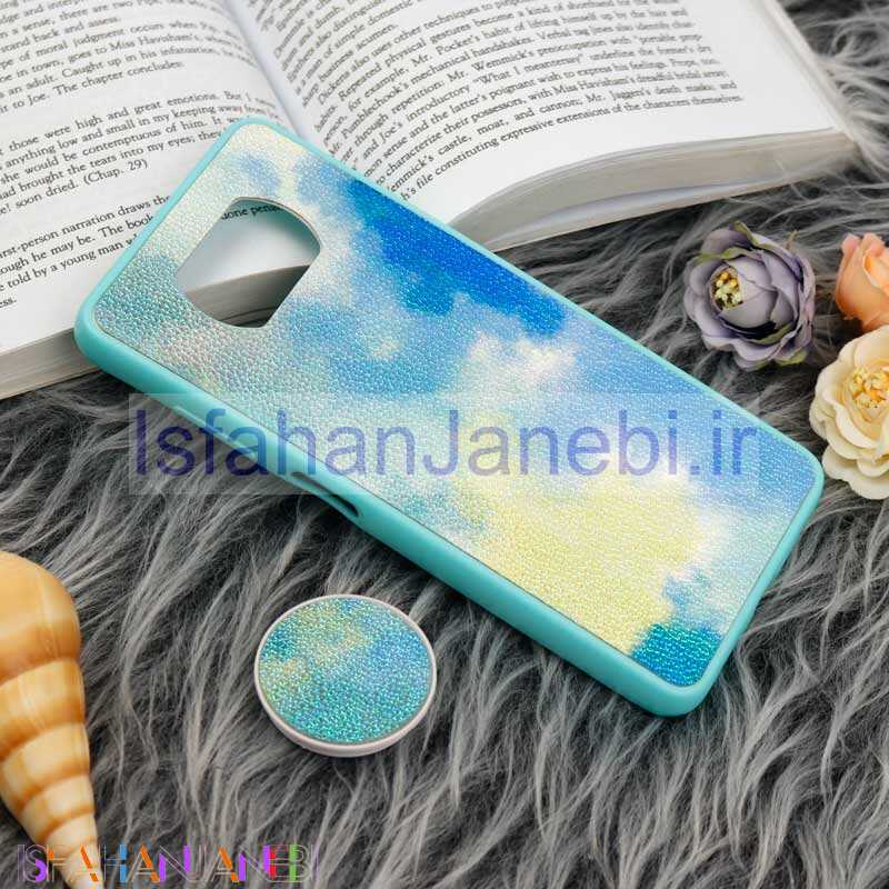 اصفهان جانبی-قاب چرمی هولوگرامی پاپ سوکت دار Xiaomi Poco X3 سبز آبی