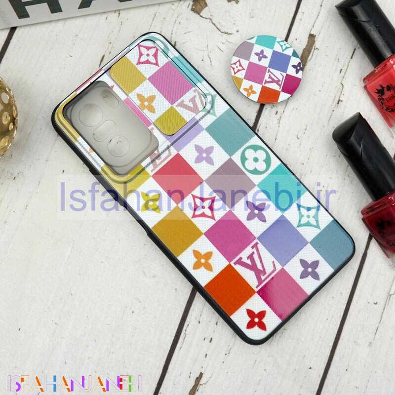 اصفهان جانبی-قاب طرحدار محافظ لنزدار کشویی + پاپ سوکت طرح LV رنگی شیائومی Poco F3 سری B