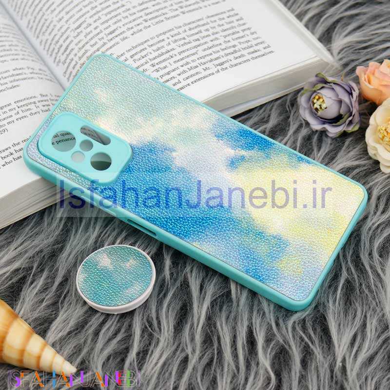 اصفهان جانبی-قاب چرمی هولوگرامی پاپ سوکت دار Xiaomi Redmi Note 10 Pro سبز آبی