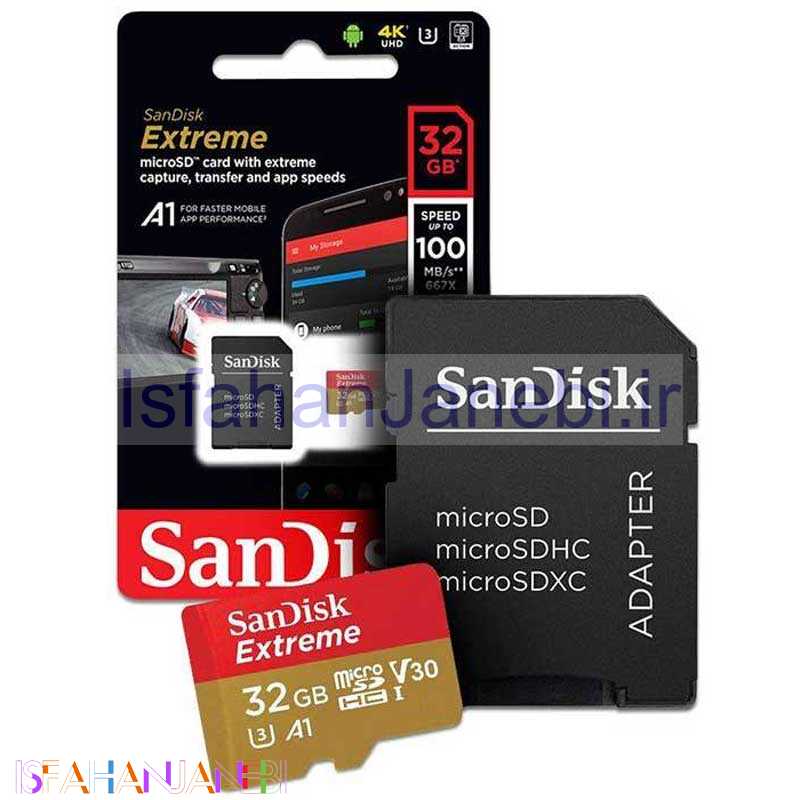 اصفهان جانبی-رم میکرو 32 گیگ سن دیسک SanDisk Extreme MicroSD U3 A1 100MB/s + خشاب