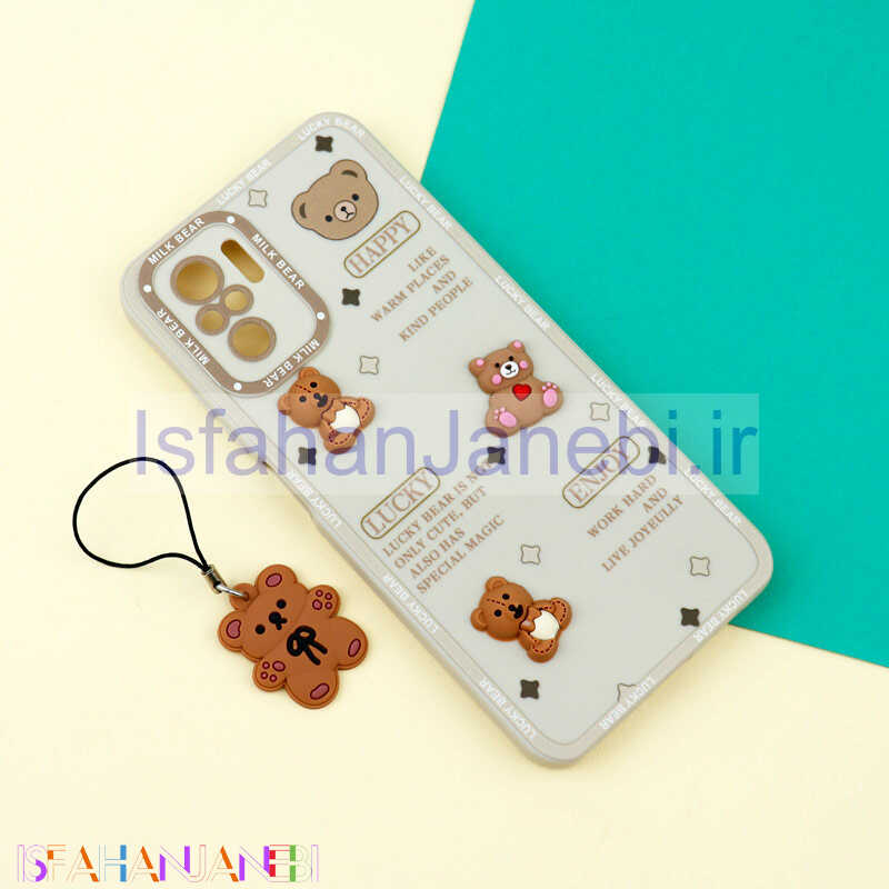 اصفهان جانبی-قاب عروسکی خرس برجسته محافظ لنزدار + آویز خرسی Xiaomi Redmi Note 10 / 10s