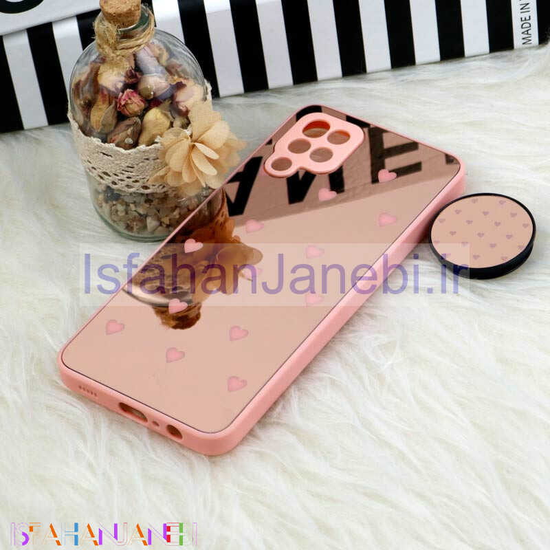 اصفهان جانبی-قاب محافظ لنزدار آینه ای + پاپ سوکت طرح قلب صورتی Samsung Galaxy A12