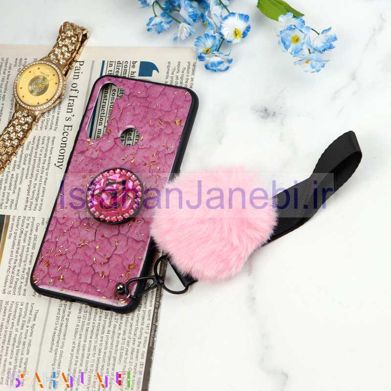 اصفهان جانبی-قاب ماربل طلایی پوم پوم دار + پاپ سوکت الماسی Xiaomi Redmi Note 8