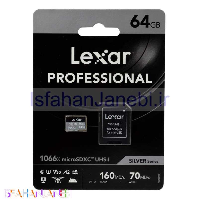 اصفهان جانبی-رم میکرو 64 گیگ لکسار Lexar Silver Series 1066X A2 V30 U3 C10 160MB/s + خشاب