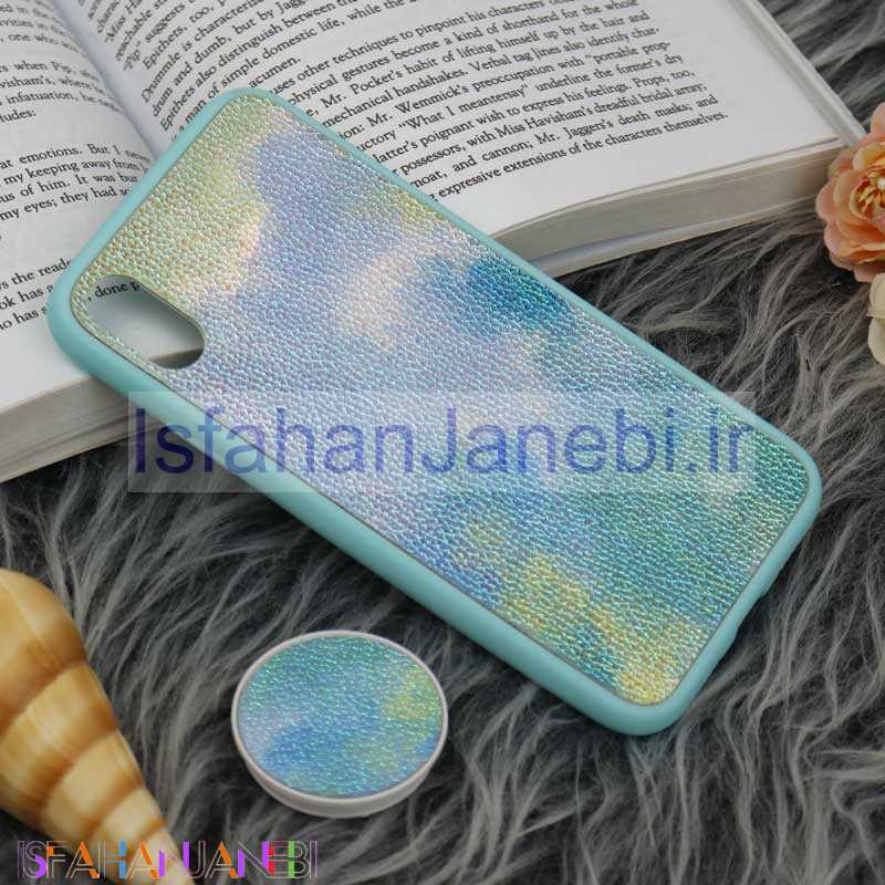 اصفهان جانبی-قاب چرمی هولوگرامی پاپ سوکت دار iPhone X سبز آبی