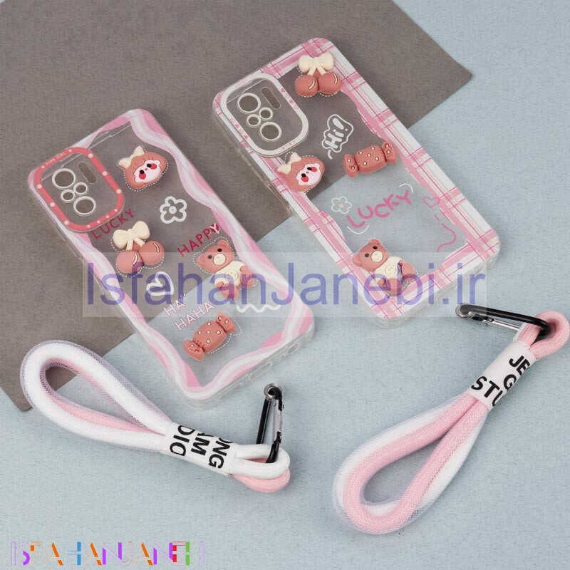 اصفهان جانبی-قاب ژله ای عروسک برجسته محافظ لنزدار + بند آویز لنیارد Xiaomi Redmi Note 10 4G / 10s / Poco M5s