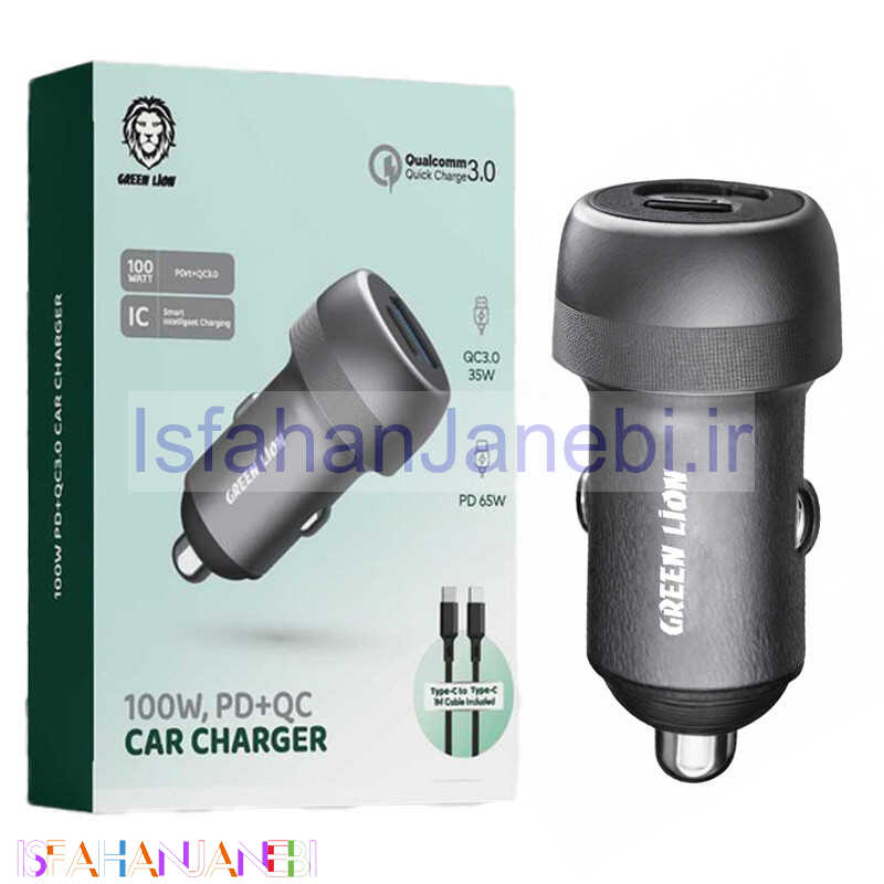 اصفهان جانبی-شارژر فندکی فست شارژ Green Lion GN100WPDQTCGY QC3.0 PD 100W + کابل تبدیل تایپ سی