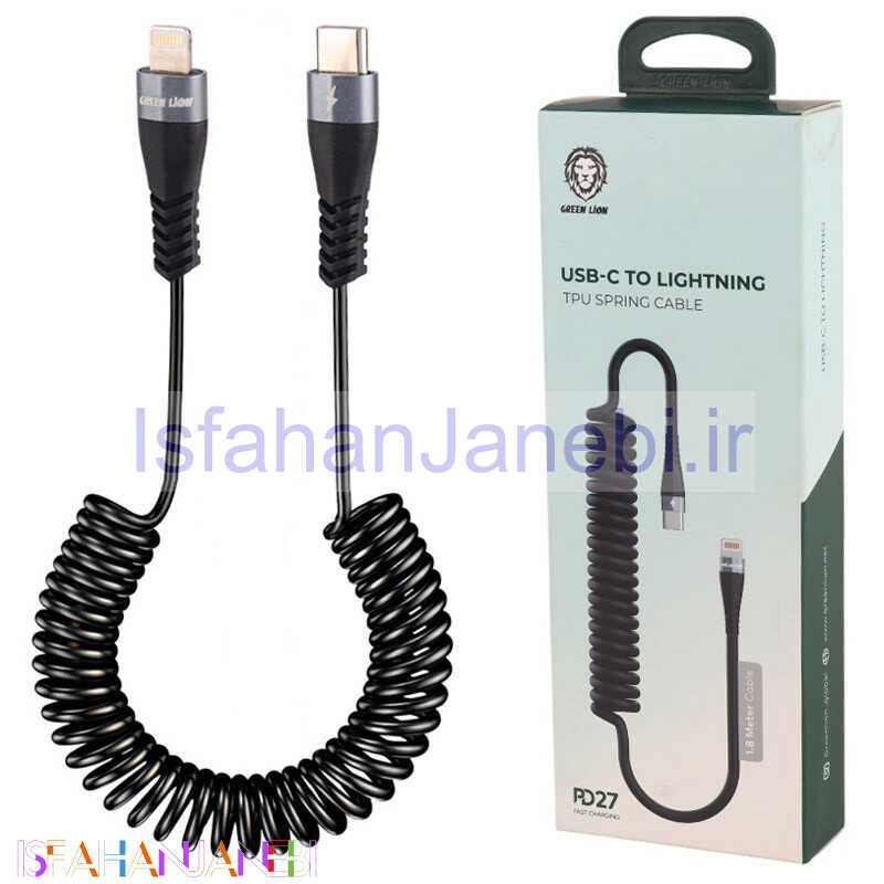 اصفهان جانبی-کابل تبدیل فست شارژ Green Lion GNSPRNGCTLBK Type-C To Lightning 3A PD 27W 1.8m