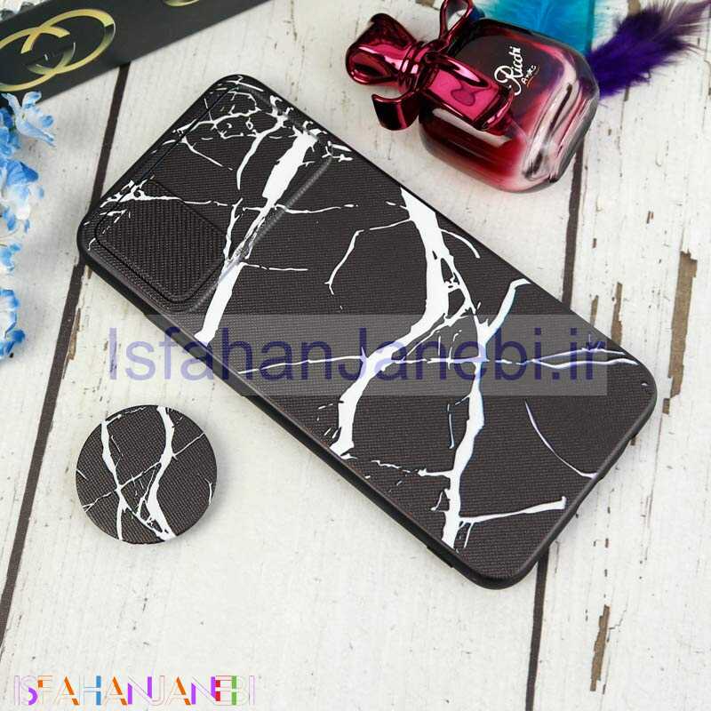 اصفهان جانبی-قاب طرحدار محافظ لنزدار کشویی + پاپ سوکت طرح سنگی مشکی سامسونگ A02s سری C