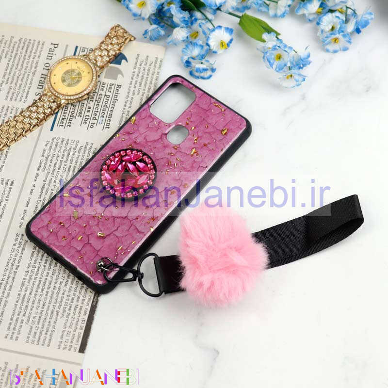 اصفهان جانبی-قاب ماربل طلایی پوم پوم دار + پاپ سوکت الماسی Samsung Galaxy A21s