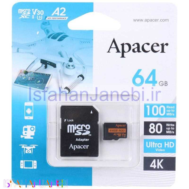 اصفهان جانبی-رم میکرو 64 گیگ اپیسر Apacer Rioo A2 V30 U3 C10 100MB/s + خشاب