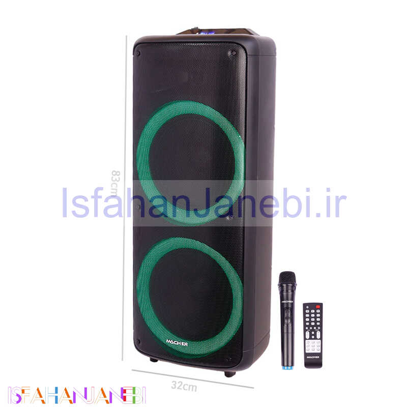 اصفهان جانبی-اسپیکر چمدانی بلوتوثی رم و فلش خور Macher MR-2300 + میکروفون و ریموت کنترل