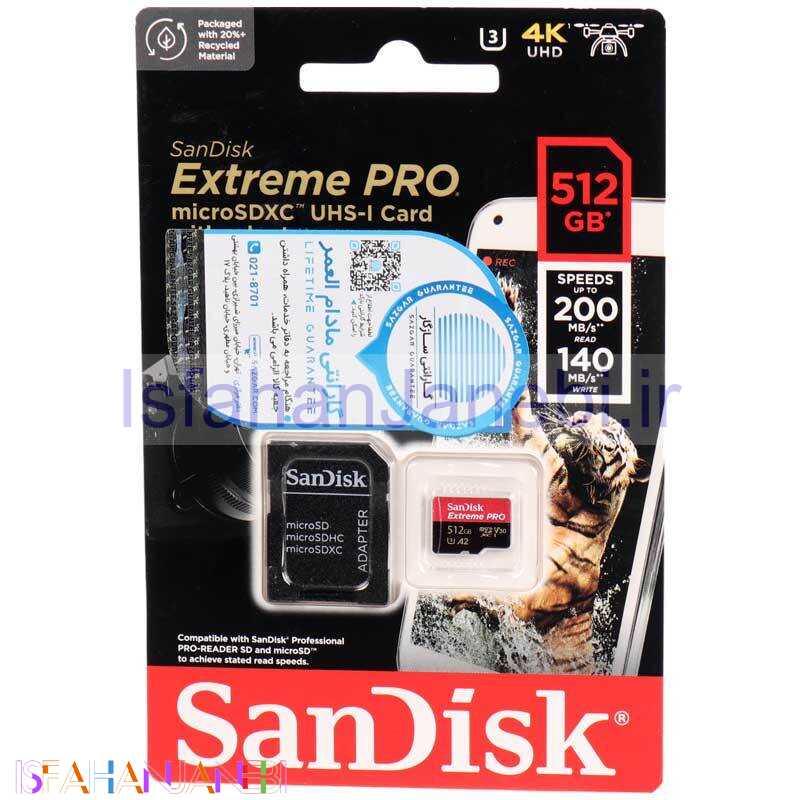 اصفهان جانبی-رم میکرو 512 گیگ سن دیسک SanDisk Extreme Pro A2 V30 U3 C10 200MB/s + خشاب