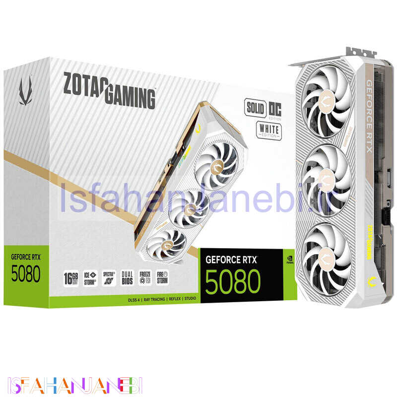 اصفهان جانبی-کارت گرافیک Zotac Gaming GeForce RTX 5080 SOLID OC White Edition 16GB GDDR7 256Bit