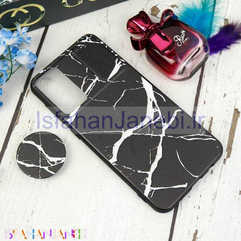 اصفهان جانبی-قاب طرحدار محافظ لنزدار کشویی + پاپ سوکت طرح سنگی مشکی سامسونگ A50 سری C