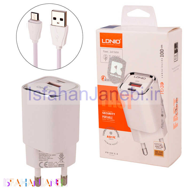 اصفهان جانبی-شارژر دیواری 30 وات الدینیو A2317C QC3.0 PD 3A + کابل میکرو یو اس بی