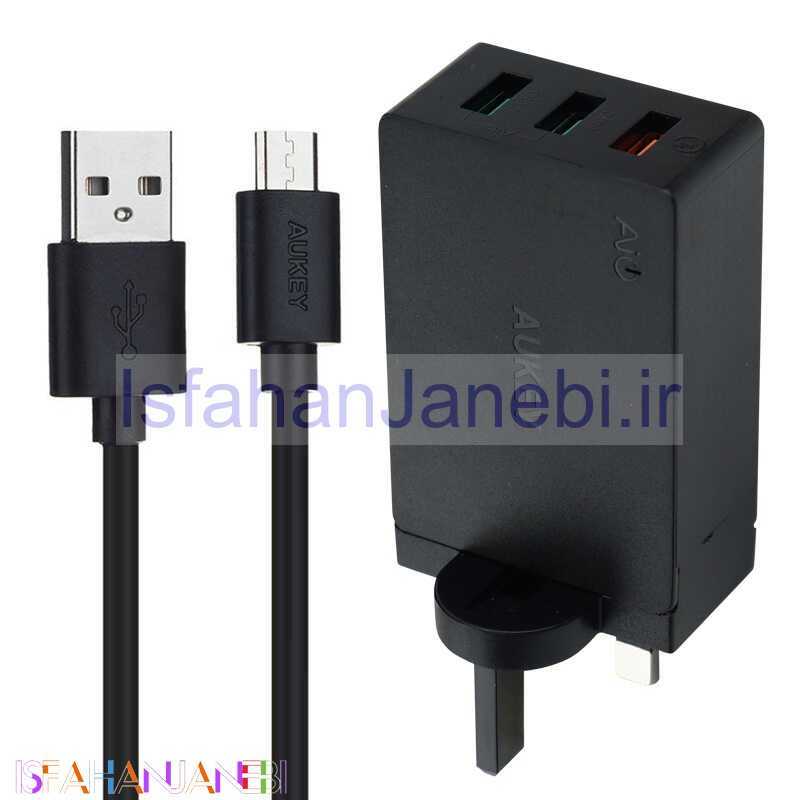 اصفهان جانبی-شارژر دیواری فست شارژ Aukey PA-T14 3Port QC3 3A 42W + کابل میکرو یو اس بی