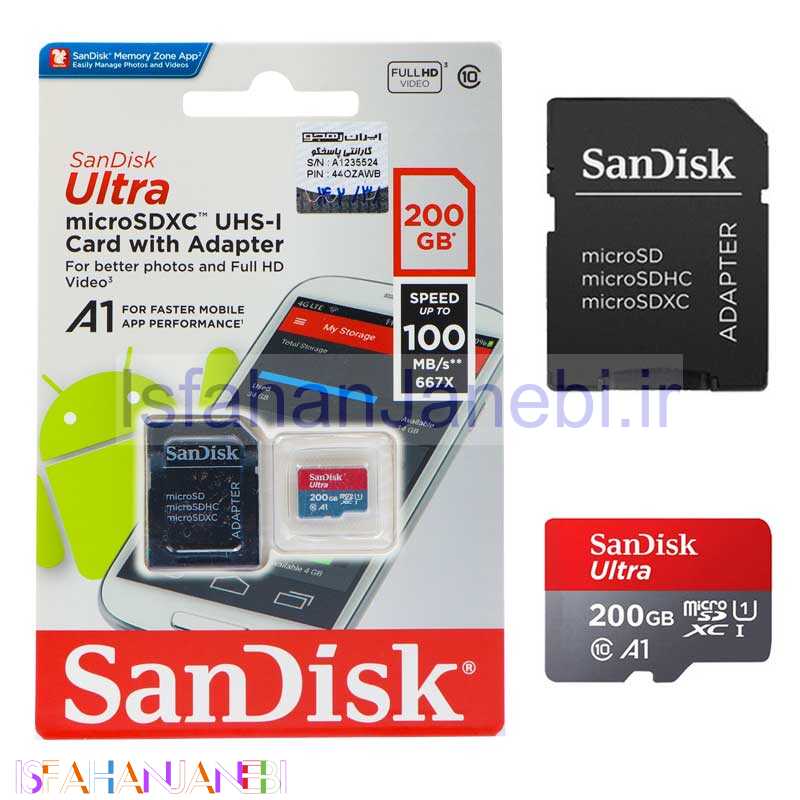 اصفهان جانبی-رم میکرو 200 گیگ سن دیسک SanDisk Ultra A1 U1 100MB/s + خشاب
