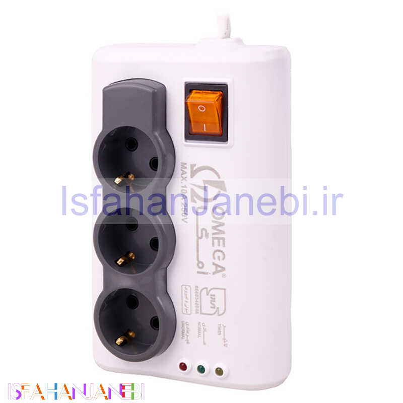 اصفهان جانبی-محافظ برق صوتی تصویری 3 خانه ارت دار امگا P3000 با کابل 1.5 متری