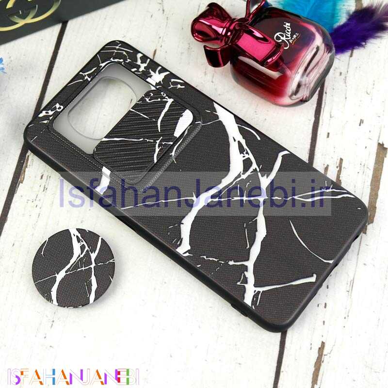 اصفهان جانبی-قاب طرحدار محافظ لنزدار کشویی + پاپ سوکت طرح سنگی مشکی شیائومی Poco X3 سری C