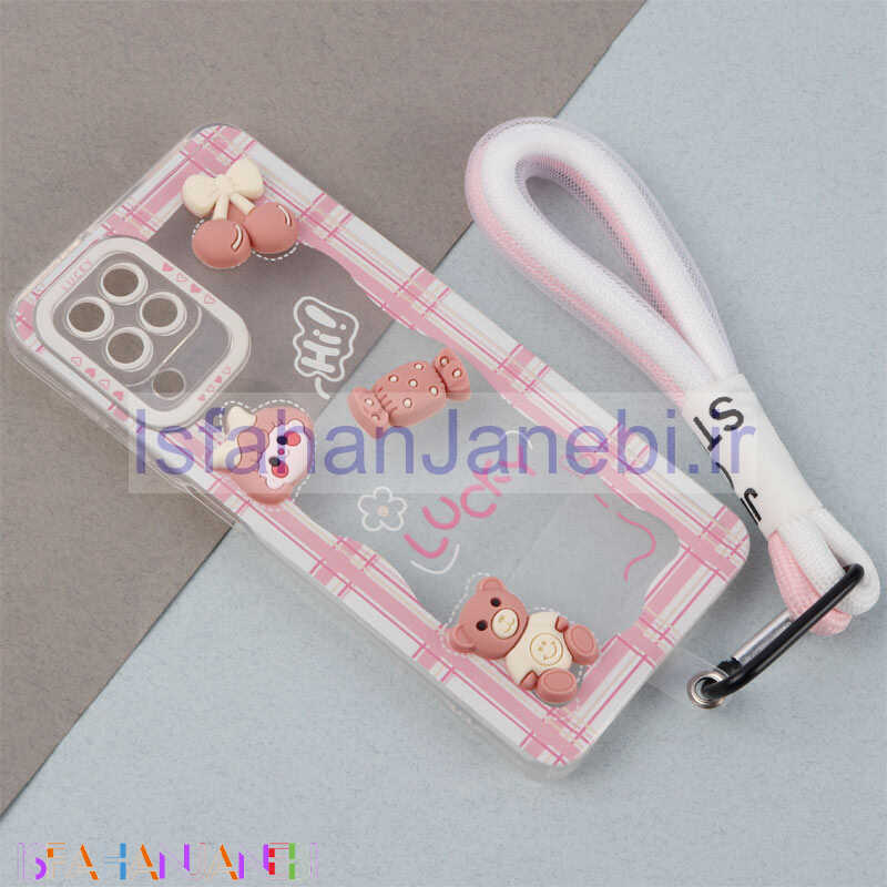 اصفهان جانبی-قاب ژله ای عروسک برجسته محافظ لنزدار + بند آویز لنیارد Samsung Galaxy A22 4G / M22 / M32 4G