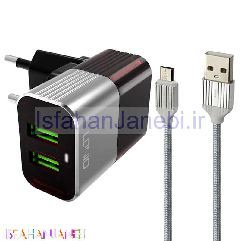 اصفهان جانبی-شارژر دیواری فست شارژ LDNIO A2206 2.4A 12W + کابل میکرو یو اس بی و تبدیل EU