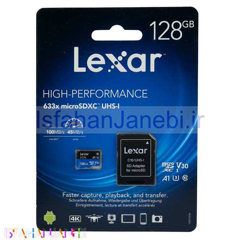 اصفهان جانبی-رم میکرو 128 گیگ لکسار Lexar 633X A1 V30 U3 C10 100MB/s + خشاب
