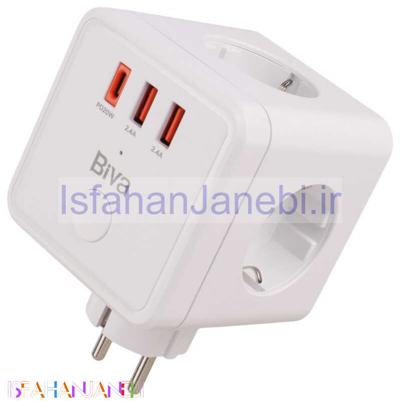 اصفهان جانبی-چند راهی 3 خانه برق ارت دار بیوا PS-07 + شارژر USB و Type-C