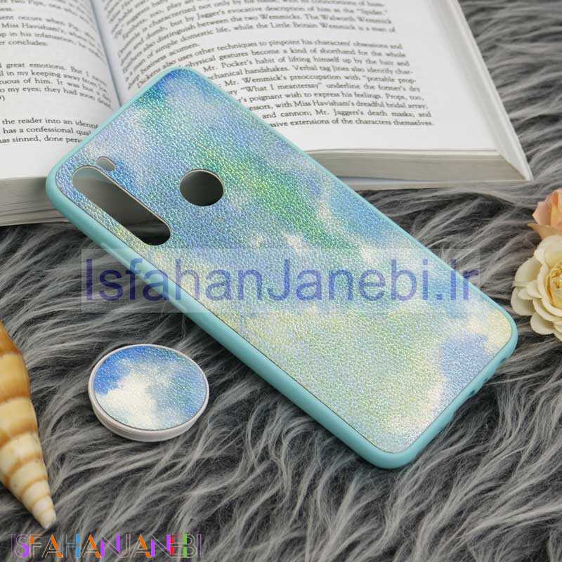 اصفهان جانبی-قاب چرمی هولوگرامی پاپ سوکت دار Xiaomi Redmi Note 8 سبز آبی
