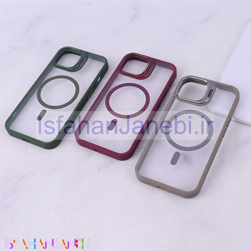 اصفهان جانبی-قاب PC مگ سیف آیفون iPhone 15 استندشو با محافظ لنز رینگی