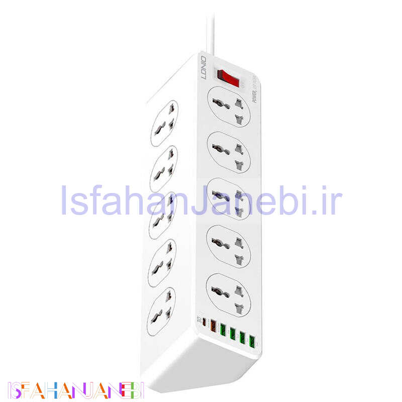 اصفهان جانبی-چند راهی 10 خانه برق ارت دار الدینیو SC10610 با کابل 2 متری + شارژر USB و Type-C