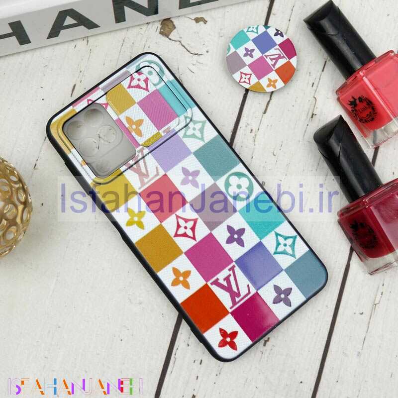 اصفهان جانبی-قاب طرحدار محافظ لنزدار کشویی + پاپ سوکت طرح رنگی LV سامسونگ A22 4G سری B