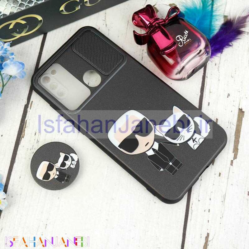 اصفهان جانبی-قاب طرحدار محافظ لنزدار کشویی + پاپ سوکت طرح Boss Cat سامسونگ A11 سری C