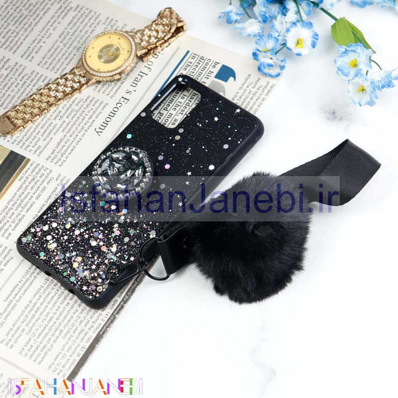 اصفهان جانبی-قاب ماربل طلایی پوم پوم دار + پاپ سوکت الماسی Samsung Galaxy A51