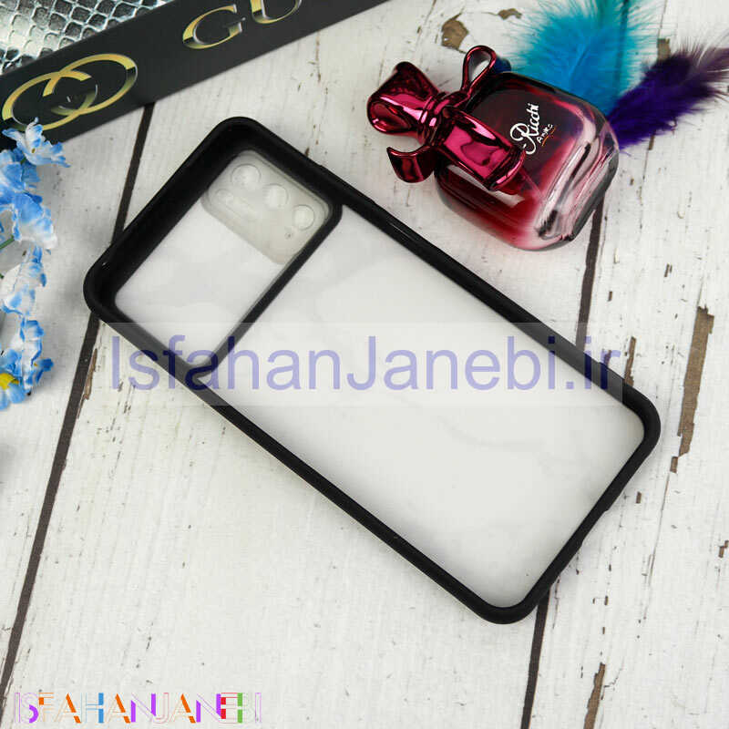 اصفهان جانبی-قاب طرحدار محافظ لنزدار کشویی + پاپ سوکت طرح سنگی سفید شیائومی Poco M3 Pro سری C