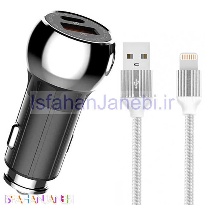 اصفهان جانبی-شارژر فندکی فست شارژ Ldnio C1 3A QC3.0 PD 36W + کابل آیفونی