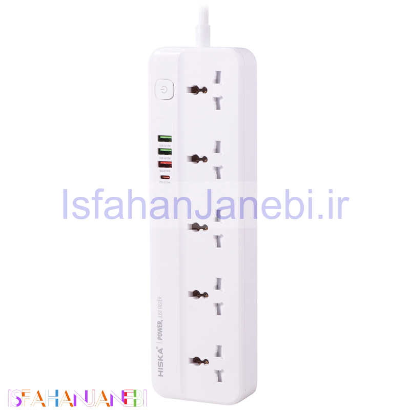 اصفهان جانبی-چند راهی 5 خانه برق ارت دار هیسکا CH-5516 با کابل 2 متری + شارژر USB و Type-C
