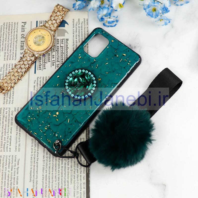 اصفهان جانبی-قاب ماربل طلایی پوم پوم دار + پاپ سوکت الماسی Samsung Galaxy A31