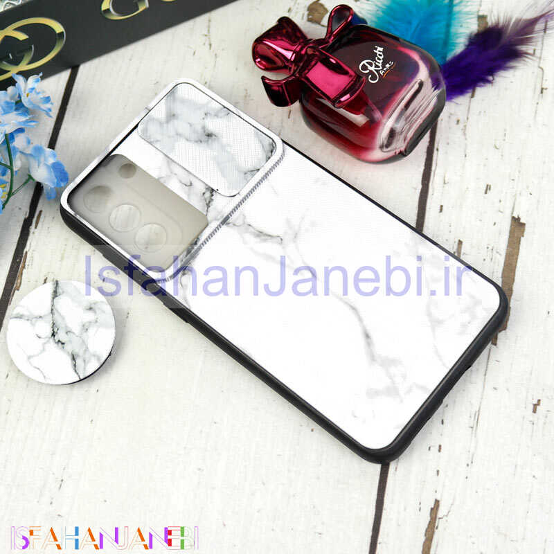 اصفهان جانبی-قاب طرحدار محافظ لنزدار کشویی + پاپ سوکت طرح سنگی سفید سامسونگ Samsung Galaxy S21 FE 5G سری C