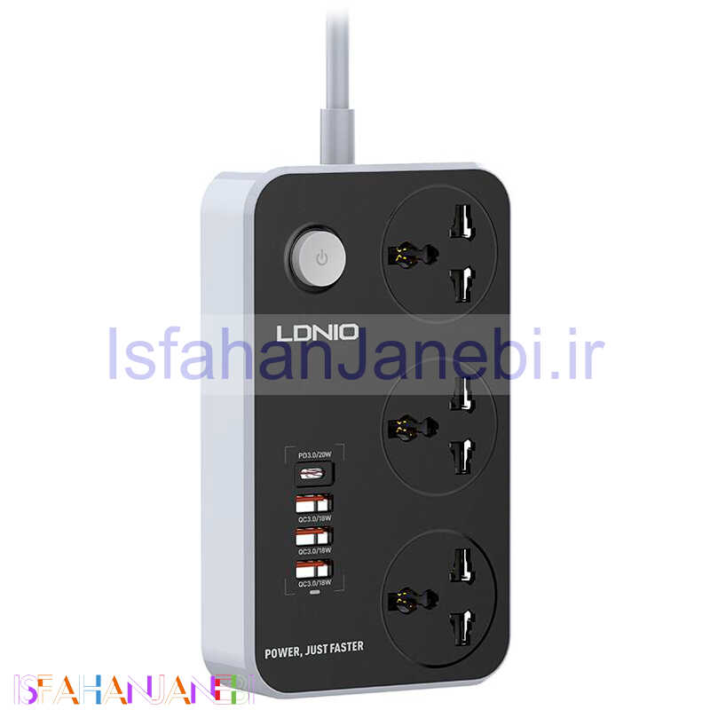 اصفهان جانبی-چند راهی 3 خانه برق ارت دار الدینیو SC3412 با کابل 2 متری + شارژر USB و Type-C